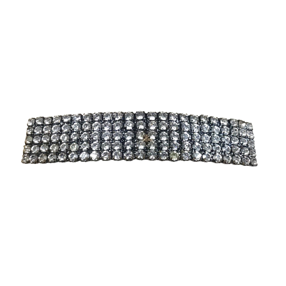 Hair Barrette Tension Clip Black Metal silver Toned Rhinestone Elegant Feminine